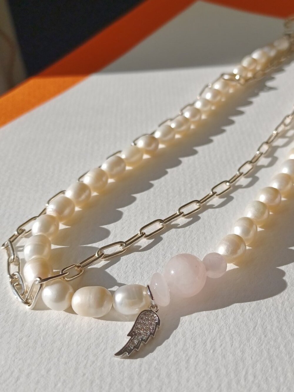 New freshwater pearl with rose quartz and sterling silver chain 2 layer necklace